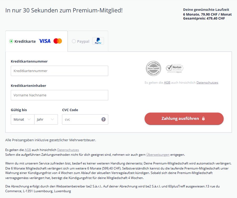 Zweiter Bestellschritt bei 60plusTreff mit Verlängerung und Kündigungsfrist