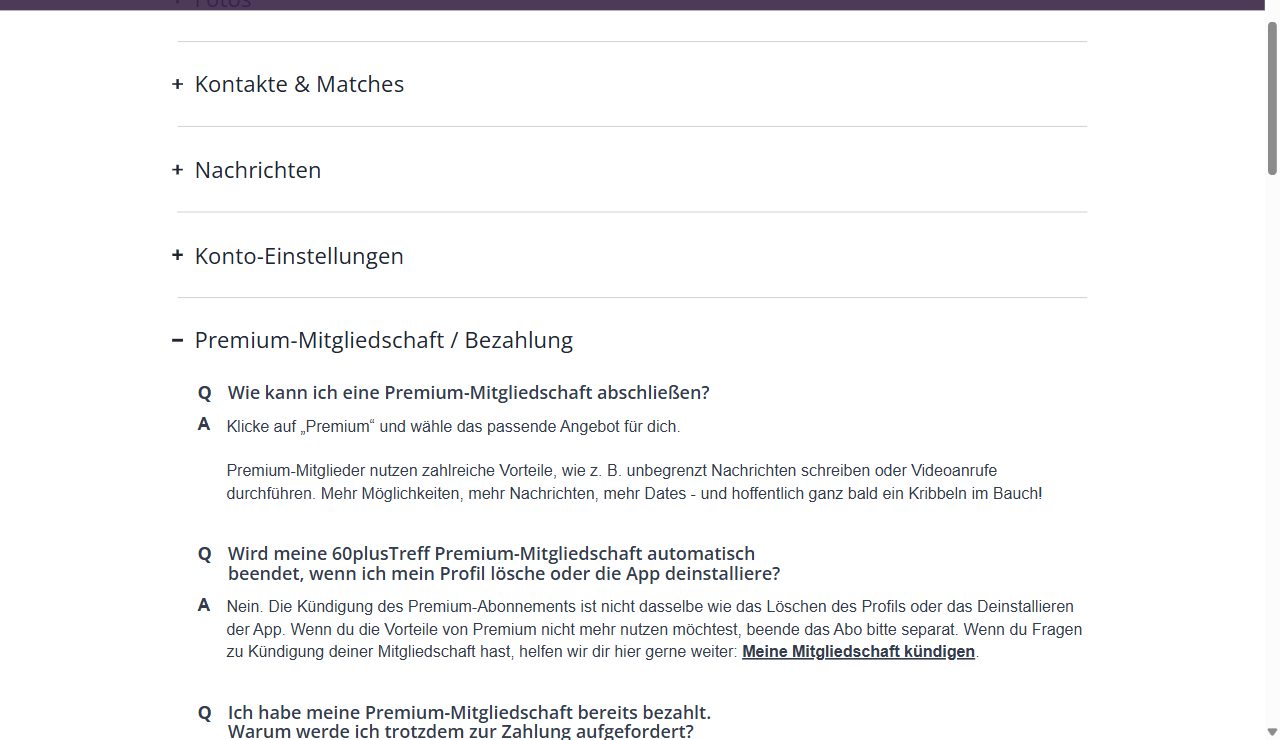 Hilfebereich von 60plusTreff, Rubrik Premium-Mitgliedschaft und Bezahlung