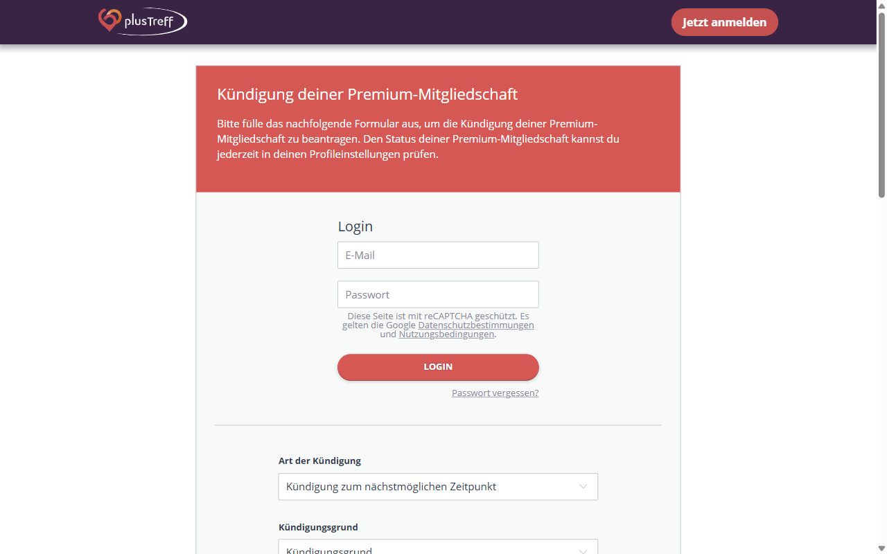 Kündigungsformular der Premium-Mitgliedschaft bei 60plusTreff