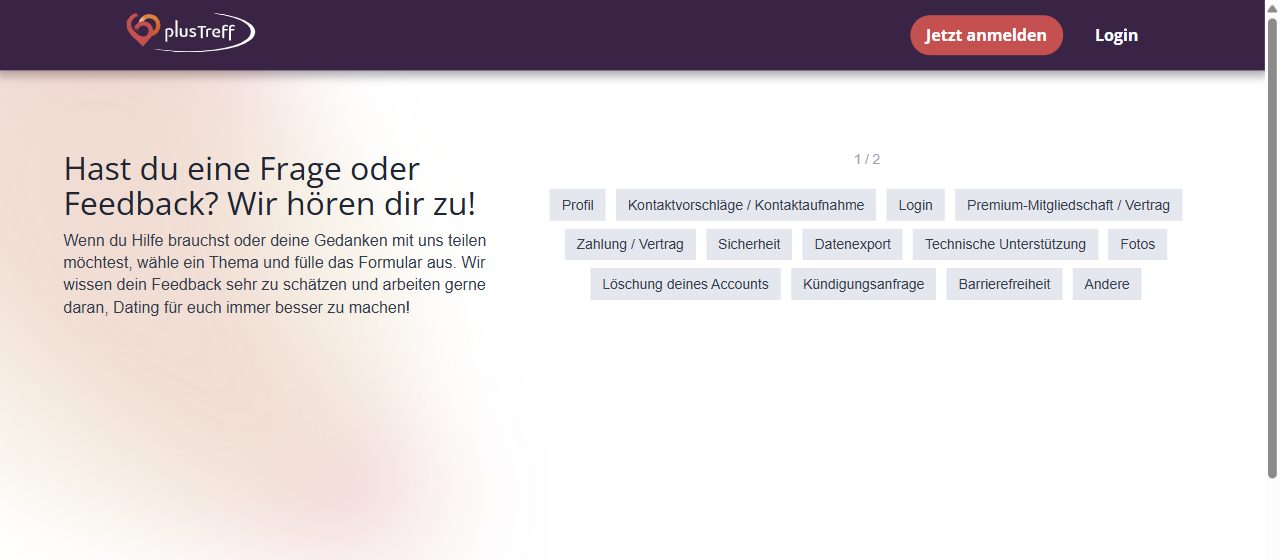 Kontaktformular von 60plusTreff mit Themen wie Kündigungsanfrage und Barrierefreiheit