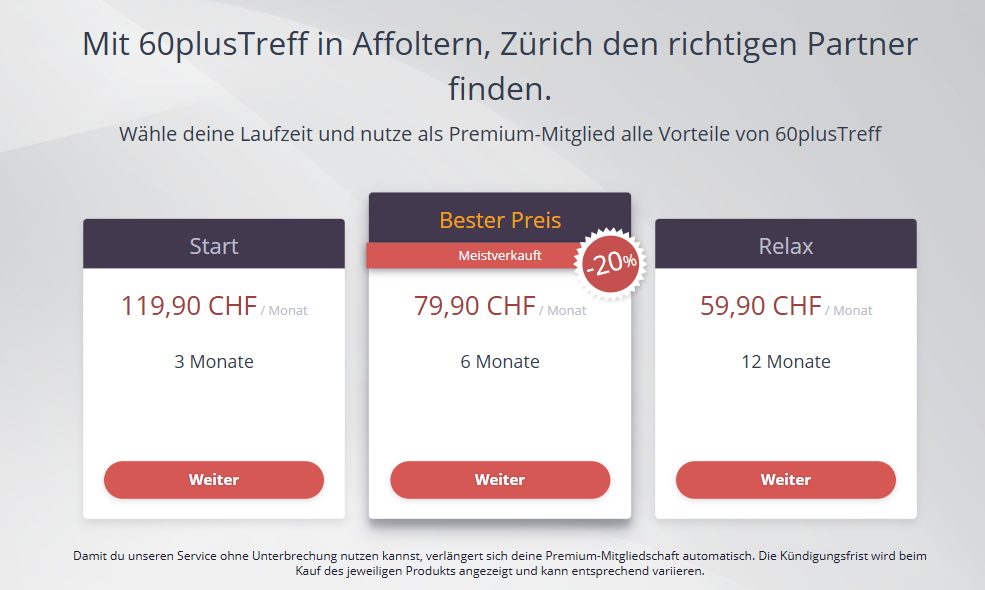Bestellseite von 60plusTreff mit den Paketen Start, Bester Preis und Relax in CHF