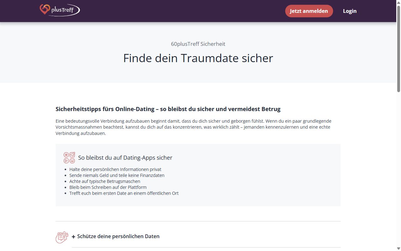 Sicherheitsseite von 60plusTreff mit Tipps gegen Betrug