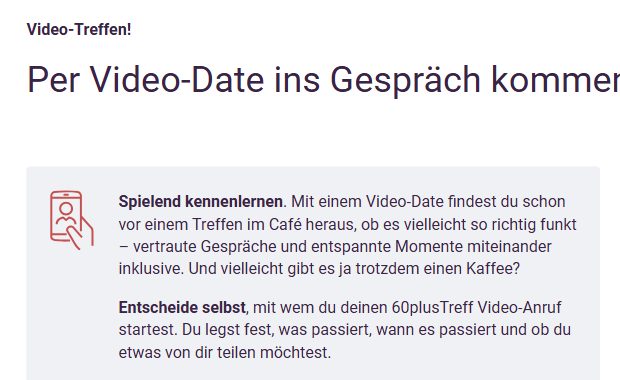Abschnitt Video-Date auf der Startseite von 60plusTreff
